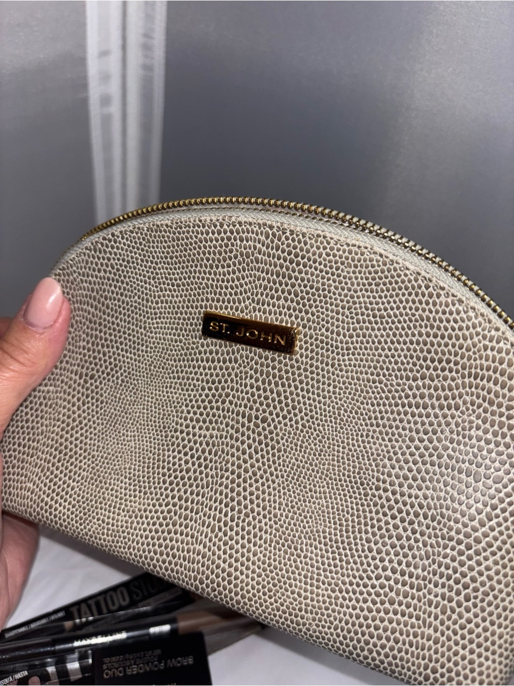 St. John Neutral Lizard-Embossed Cosmetic Pouch with Gold Hardware